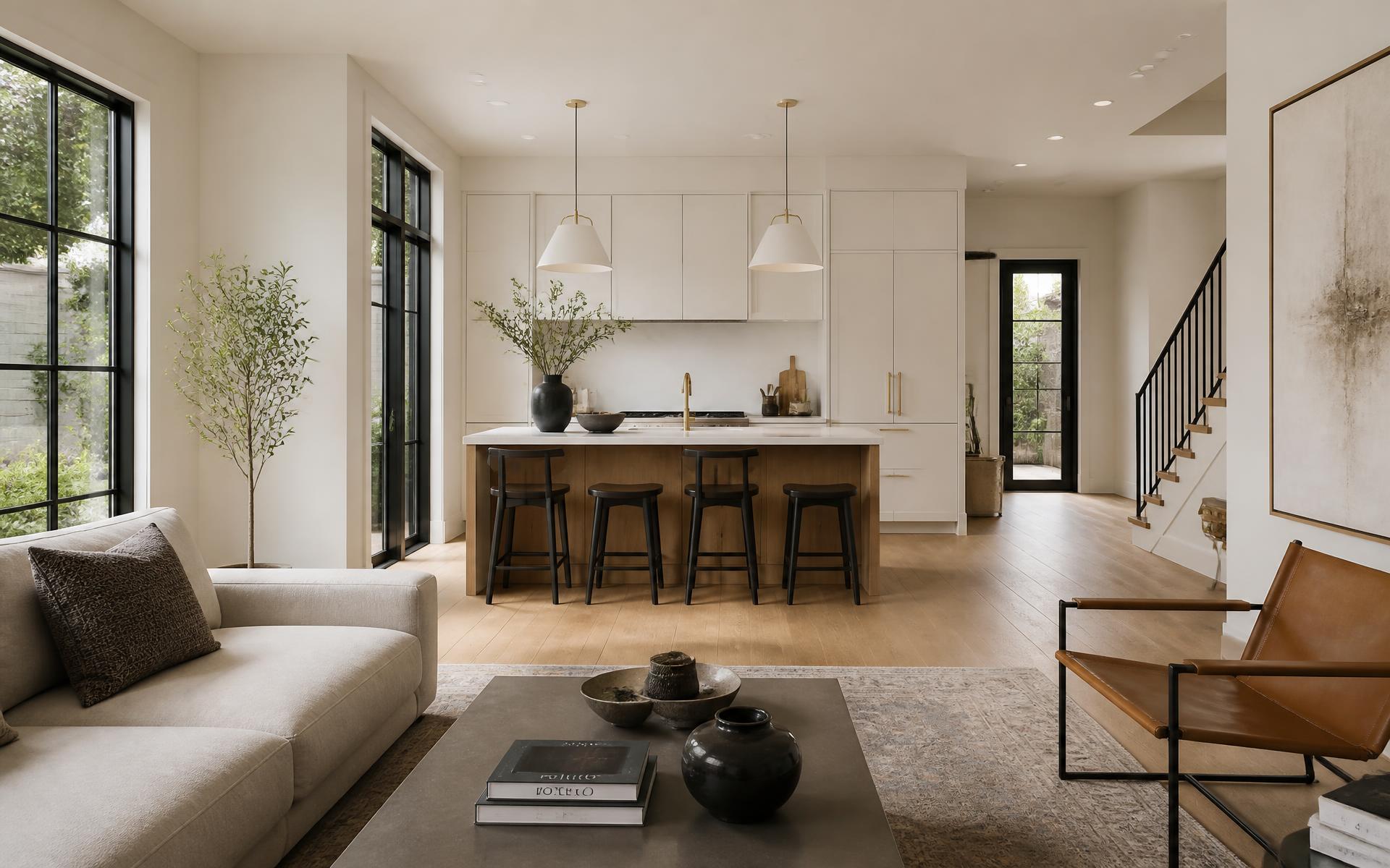 Modern open-concept living room and kitchen interior representing the renovation style Bangla Renovations delivers